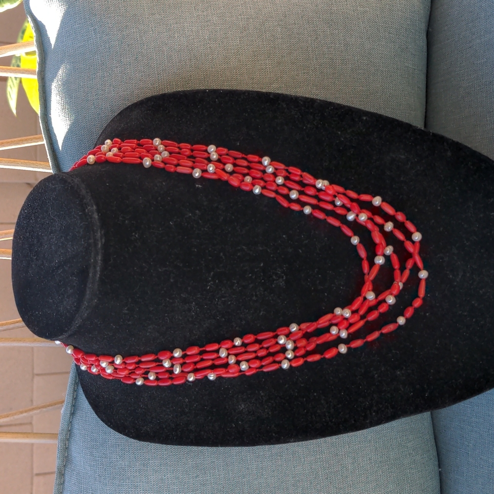 Multi strand red coral and white fresh water pearl necklace